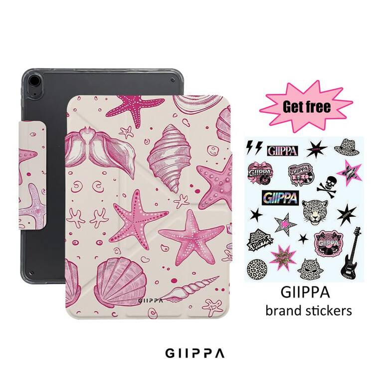 GIIPPA 1個粉色海星與貝殼印花磁吸式可拆卸Y折防彎曲防震平板保護殼，適用於iPad Mini 6/7、Air 2/3/4/5/11/13" (M2/M3 2024-2025)、5/6/7/8/9/10/11代、Pro 10.5/11/12.9" (2017-2025)，夏季海洋風保護套，Funda A16 10代保護殼，平板電腦 - 彩色 - 查看 1