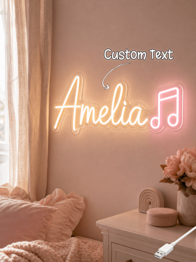 Custom Name Music Note Neon Sign, Personalized USB LED Wall Lamp, Sweet Teen Bedroom Decor, Ideal Birthday & Music Lover Baby Shower Gift