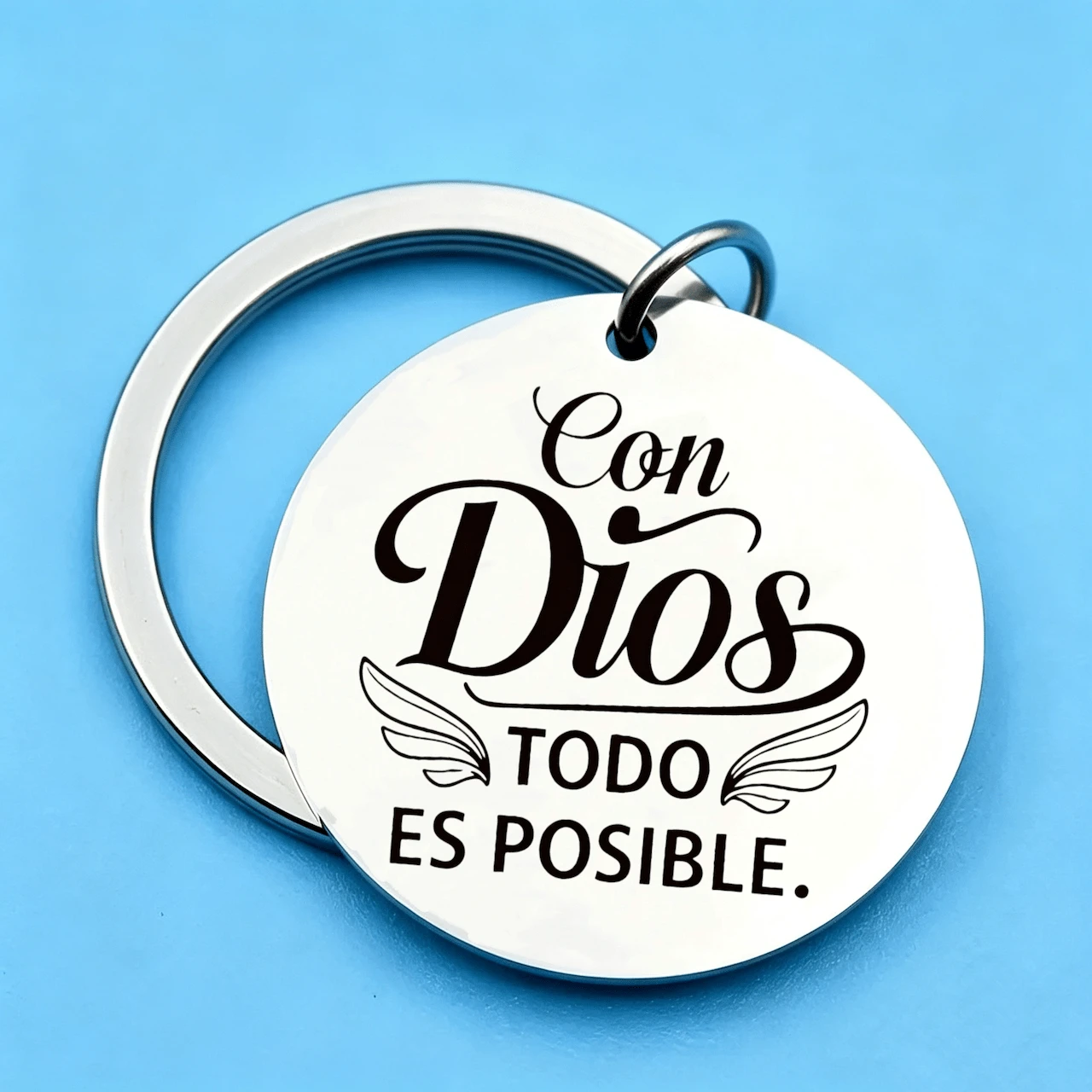 1pc Vintage Wing Detail Stainless Steel Keychain Engraved Spanish Faith Quote Inspirational Religious Gift For Christian Friends, Ideal Baptism, Easter & Daily Bag/Car Key Pendant Accessory - A - View 1