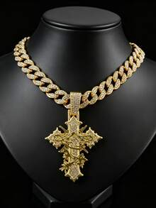 1pc Fully Rhinestoned Woven Cross Pendant, Designed For Men, Hip Hop Style Accessory, Street Fashion - Cross Pendant Necklace - View 3