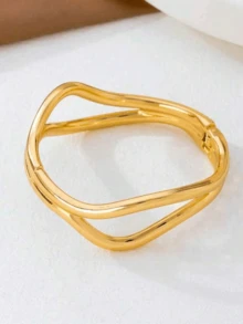 3pcs/1pc Fashion Minimalist Gold Tone Geometric Asymmetrical Curved Wave Water Drop Shape Chunky Textured Bangle Set, Suitable For Women, Thick Polished Heavy Metal And Zinc Alloy Material Bangle Set - Yellow Gold - View 2