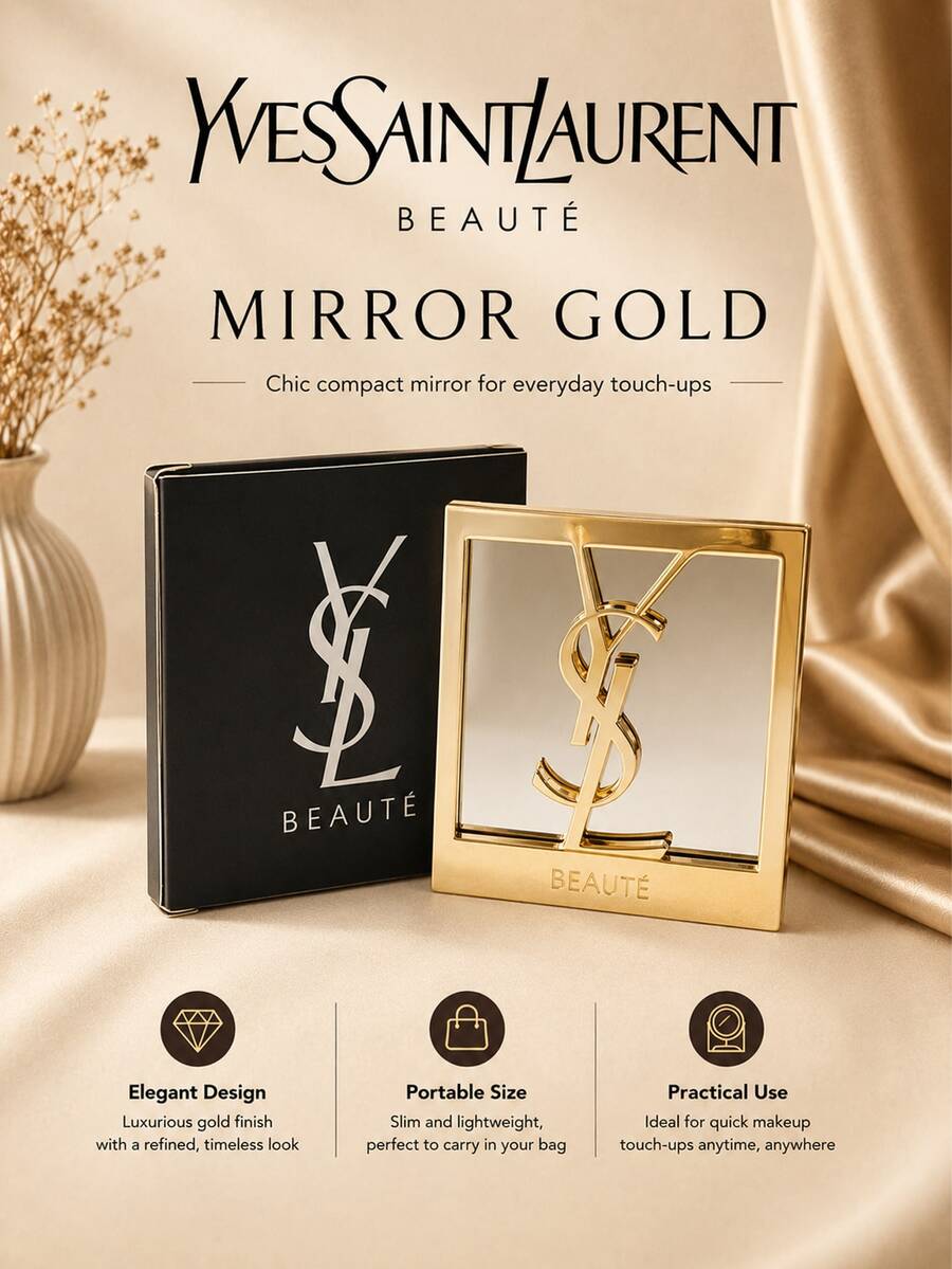 YSL Cermin Rias Emas Saint Laurent Beauty, 7x6cm, dengan logo berlapis emas, cermin lipat definisi tinggi, portabel, dilengkapi dengan kotak hadiah, cocok untuk penggunaan pribadi atau sebagai hadiah.