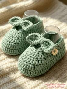 1 Pair Handmade Crochet Infant Boots With Bow, Knitted Infant Shoes, Newborn Gift - Mint Green - View 1