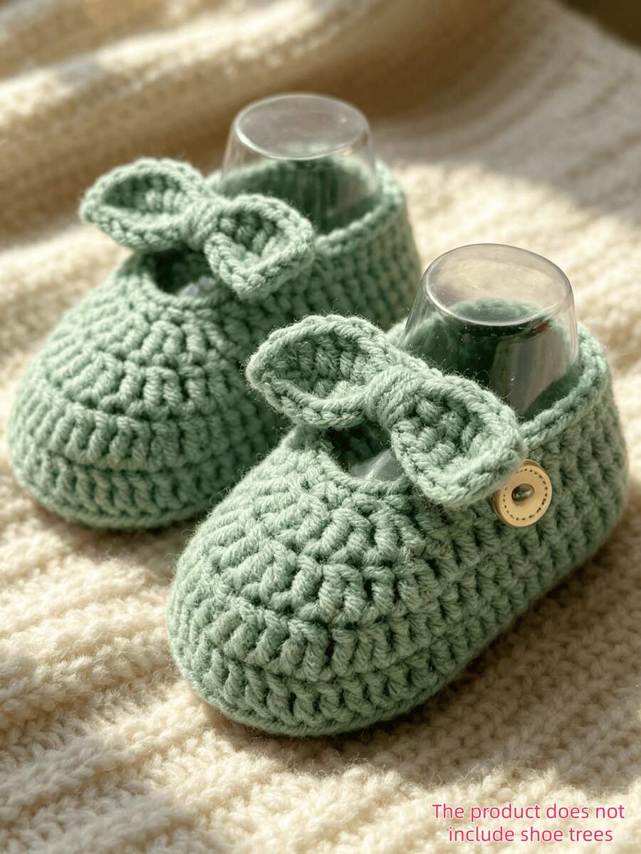 1 Pair Handmade Crochet Infant Boots With Bow, Knitted Infant Shoes, Newborn Gift - Mint Green - View 1