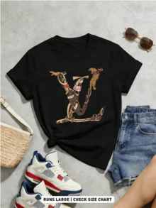Women's Summer Casual Soft Round Neck Short Sleeve T-Shirt,The Leopard & Luxury Accessory Print Graphic Is Suitable For Daily Wear. - Black - View 5