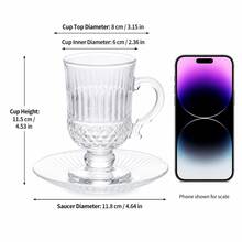 1 Set 120ml Clear Glass Coffee & Tea Cup Set With 6 Cups & 6 Saucers, Elegant Footed Design, 3 Pattern Options, Vintage Style Transparent Red Tea Cup And Saucer Set For Home, Afternoon Tea, Dessert, Coffee, Holiday Hosting & Gift Use - Transparent - View 2