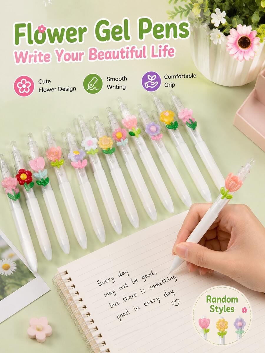 Cute 3D Flower Decor Retractable Gel Pen, Ins Fresh Style ST Point Smooth Writing Neutral Pen, Portable School Homework Stationery Ballpoint Pen - Multicolor - View 1