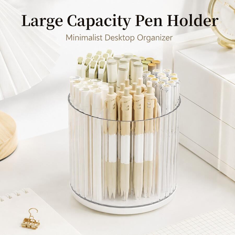 Large Capacity Pen Holder: ABS Resin Desktop Stationery Storage Box - Cylindrical Pen Holder White - Rectangle - View 1