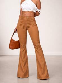 Women's Caramel Khaki Flare Pants With High Waist, Bell Bottom, Flare Style, With Lycra, Butt-Lifting, Comfortable, Versatile, Casual, Elegant, Country Style - 卡其色 - 查看 1