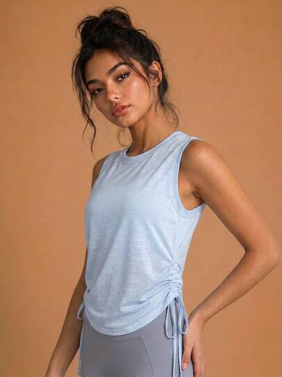 Never me Women's Solid Color Round Neck Side Drawstring Loose Comfortable Yoga Pilates Wear Sheer Coverup Tank Top