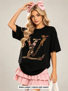 Women's Summer Casual Soft Round Neck Short Sleeve T-Shirt,The Leopard & Luxury Accessory Print Graphic Is Suitable For Daily Wear. - Black - View 4