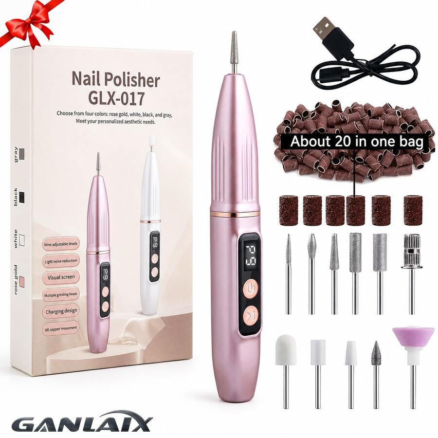 GANLAIX 專業美甲磨甲機套組，USB 充電式美甲磨甲機，300mAh 大容量鋰電池，美甲與足部護理套組，居家與沙龍美甲磨甲機套組，美甲拋光塊，美甲與足部拋光工具
