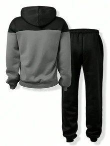 Youth Boy Letter Print Warm Hoodie And Sweatpants - Black - View 2