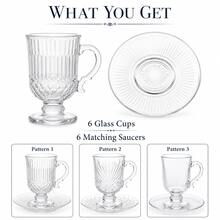1 Set 120ml Clear Glass Coffee & Tea Cup Set With 6 Cups & 6 Saucers, Elegant Footed Design, 3 Pattern Options, Vintage Style Transparent Red Tea Cup And Saucer Set For Home, Afternoon Tea, Dessert, Coffee, Holiday Hosting & Gift Use - Transparent - View 8