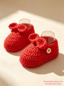 1 Pair Handmade Crochet Infant Boots With Bow, Knitted Infant Shoes, Newborn Gift - Red - View 1
