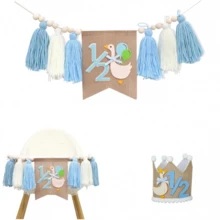 1set 1/2 Blue Half Birthday High Chair Banner Crown Set - Goose Half Birthday Party Decoration, Flower Lawn Party Photography Props, Six Month Boy Girl Birthday Decor, Sweet Cake Smash Photo Props, Wall Hanging Decor, Kids Bedroom Photo Props, Baby Photography Props, Bohemian Style Decor - Baby Blue - View 11