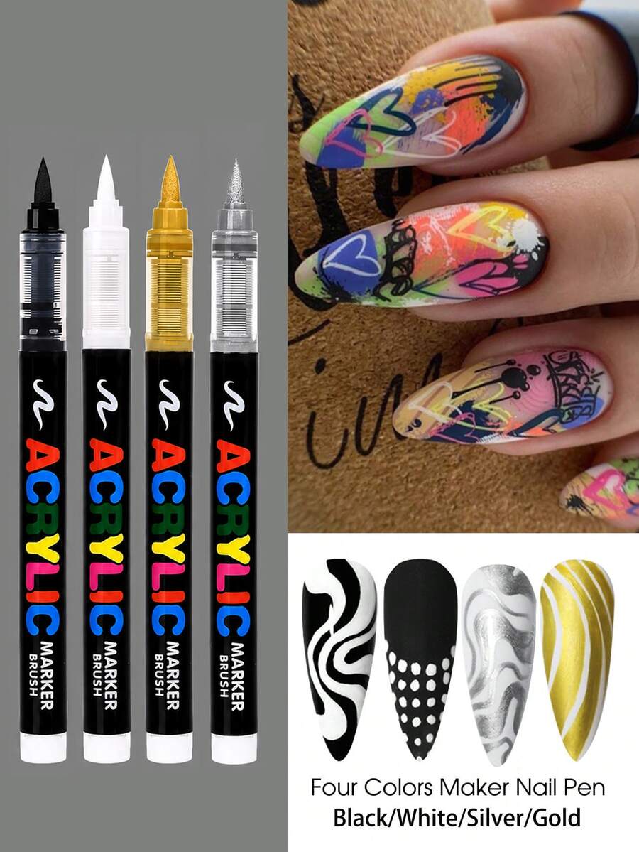 Conjunto de 4/2 Cores de Canetas para Arte de Unhas, Marcadores de Esmalte para Arte de Unhas 3D, Pincel de Linha para Desenho e Pintura para Arte de Unhas DIY, Ferramentas de Beleza e Manicure