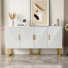 Modern And Luxurious 150cm White Sideboard With Textured Lacquered Doors And Gold Handles, 4-Door Model With Height-Adjustable Shelves. - White - View 2