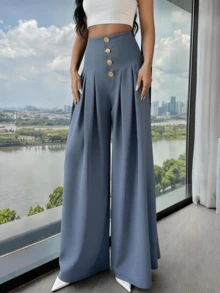 Women's Loose-Fitting Wide-Leg Pants, Solid Color, With Front Buttons And Pleats, Sizes S, M, L - Grey - View 4
