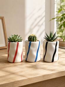 Korean Ins Minimalist Style Three-Color Striped Design Handmade Asymmetrical Wavy Resin Cup, Glossy Ceramic Texture, Multi-Functional Succulent Plant Pot & Cosmetic Storage Box, Dressing Table Decor Small Gift - Striped Wavy Flower Pot - View 3