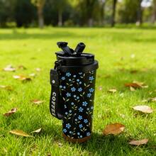 mikenda 1pc 18oz Cute Blue Floral Pattern Stainless Steel Insulated Tumbler With Lid And Handle, Double Wall Vacuum Insulated Coffee Cup, Leak-Proof Travel Mug, Portable Water Bottle, Suitable For Women Girls, School Office Gym Gift, Back To School - Black - View 3