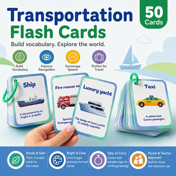 Lachilly Transportation Flash Cards For Kids, 50 Vehicle Learning Cards With Ring, Preschool Vocabulary Building, Language Development & Educational Toy For Toddlers