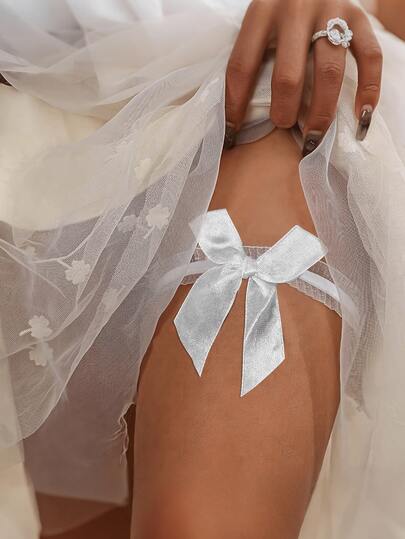 1pc White Lace Bow Elastic Leg Chain, Ins Style Minimalist Thigh High Stockings For Women