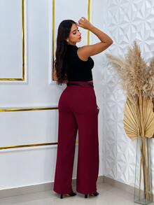 Tailored Wide-Leg Trousers With Leather Belt, Sizes S To XL | Women's Tailored Trousers | Wide-Leg Trousers - 酒紅色 - 查看 3