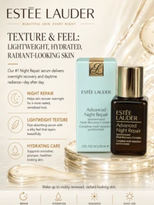 Estée Lauder 雅詩蘭黛特潤修護精華液，高端面部精華液，提供3種尺寸：正裝15ml/試用裝7ml/體驗裝1.5ml，3天對抗「夜間疲勞老化」，2週內提亮膚色26%，減少頑固皺紋10%，提升緊緻度10%，全週期修復光損傷，93%使用者認同恢復時間縮短，89%使用者認同效果提升，含雙歧桿菌發酵產物溶胞物與猴麵包樹種子萃取，值得信賴的夜間細胞修復，適合所有膚質 - 雅詩蘭黛特潤修護肌活精華露 - 查看 9