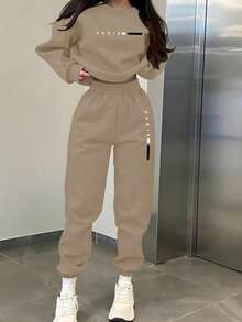 Teen Girl Letter Print Crew Neck Long Sleeve Sweatshirt And Sweatpants Casual Daily Outfit Set - Khaki - View 1
