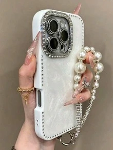 1pc Luxury Laser Sparkling Rhinestone Textured Phone Case, Compatible With IPhone 17 Pro Max/16 Pro Max/15/14/13, Pearl Bracelet Design, Shockproof Protection, Hard Shell Frame - White - View 2
