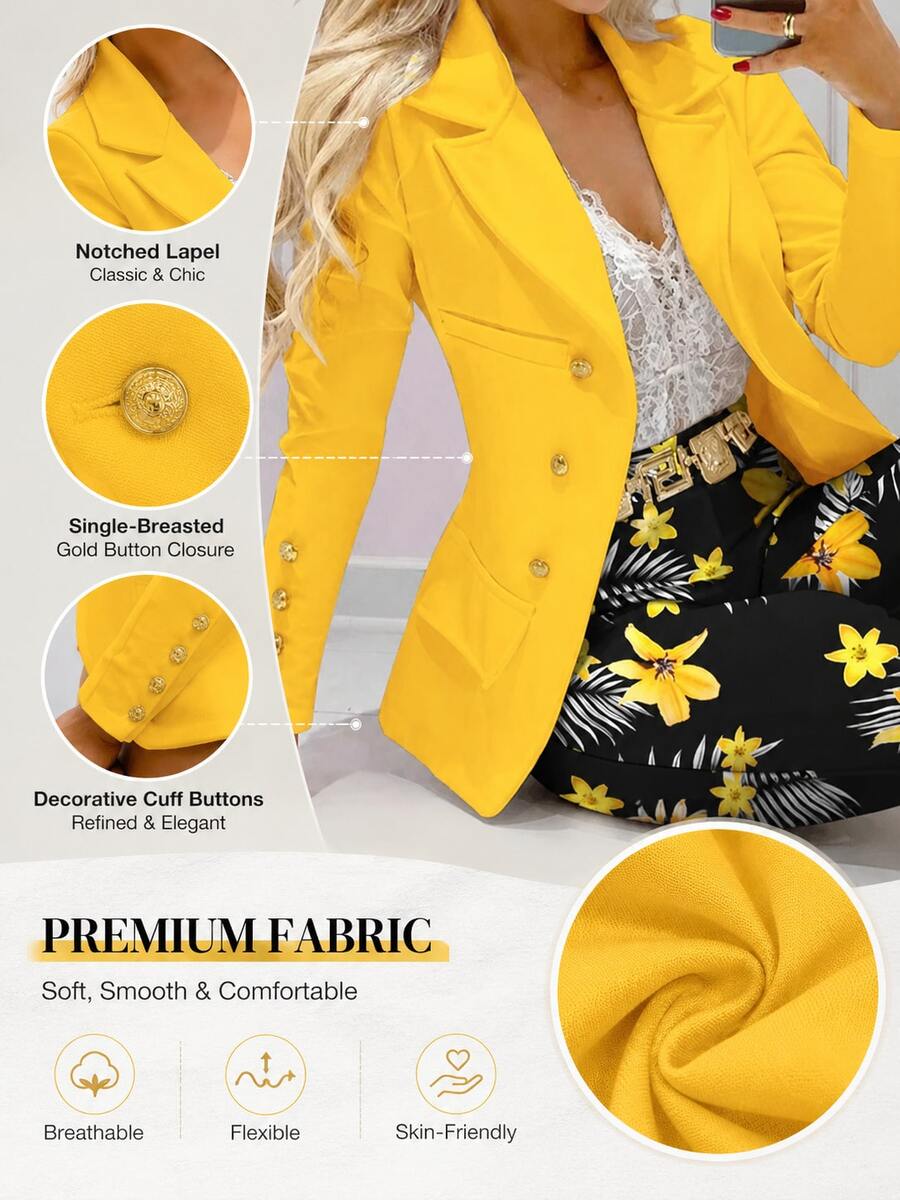 New Women's Fashion Printed Blazer And Trousers Set - Stretch Polyester-Spandex Blend Fabric - 黃色 - 查看 1
