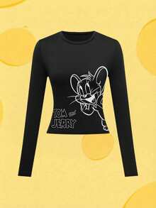 SHEIN X Tom & Jerry 女款可愛卡通印花長袖T恤 - 展現可愛風格，適合日常休閒穿著，黑色 - 黑色 - 查看 1