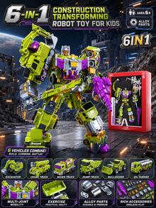 6-In-1 Engineering Vehicle Combined Transforming Robot Toy, For Kids 6+, Assemble Vehicles Into Movable Mecha Figure, Alloy & Premium ABS, CPC Certified , Classic Devastator Mecha Design, Popular Boys Holiday Birthday Present - Multicolor - View 2