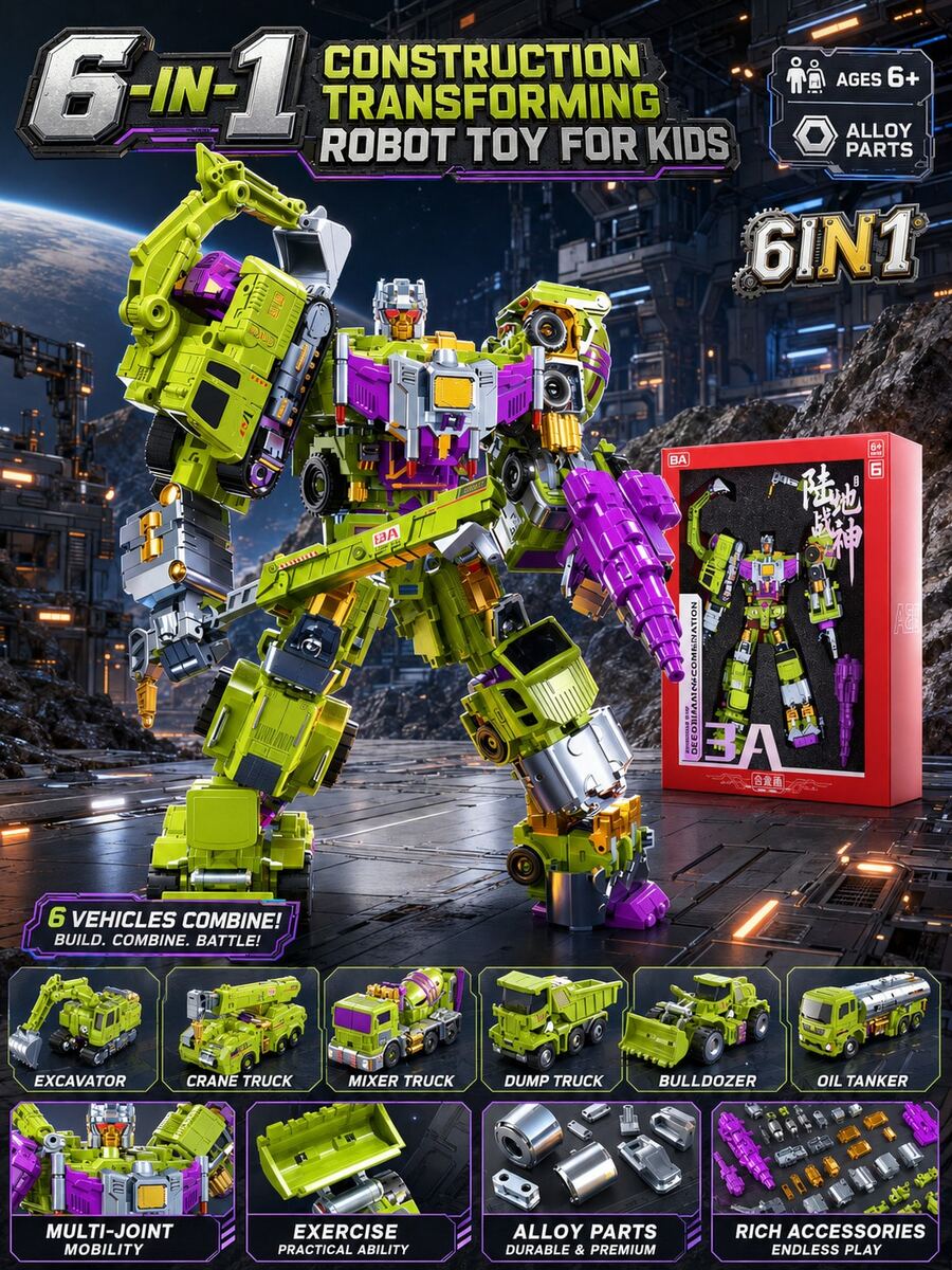 6-In-1 Engineering Vehicle Combined Transforming Robot Toy, For Kids 6+, Assemble Vehicles Into Movable Mecha Figure, Alloy & Premium ABS, CPC Certified , Classic Devastator Mecha Design, Popular Boys Holiday Birthday Present