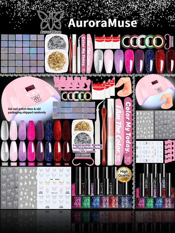 AuroraMuse 1 Set Beginner Gel Nail Art Kit, Includes LED USB UV Nail Lamp, Nail Art Supplies, 8 Colors Gel Nail Polish Nail Salon Set, Semi-Permanent Nail Art Set, Nail Art Accessories, Some Colors Random, Women's DIY Nail Art Gift Set