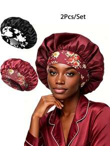 1/2/3/4/5pcs Silk Sleep Cap, Women Wide Brim Elastic Band Printed Sleep Hat, Soft Silk Sleep Bonnet, Suitable For Curly Hair (Random Print Pattern),Holiday,Travel - Color - View 14