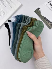 5 Pares de Meias Invisíveis Multicolores Sólidas Caneladas para Mulheres, Meias Invisíveis de Corte Baixo Respiráveis e Macias de Mistura, Adequadas para Calçados Esportivos, Uso Diário & Primavera/Verão - Multicolorido - Visão 1