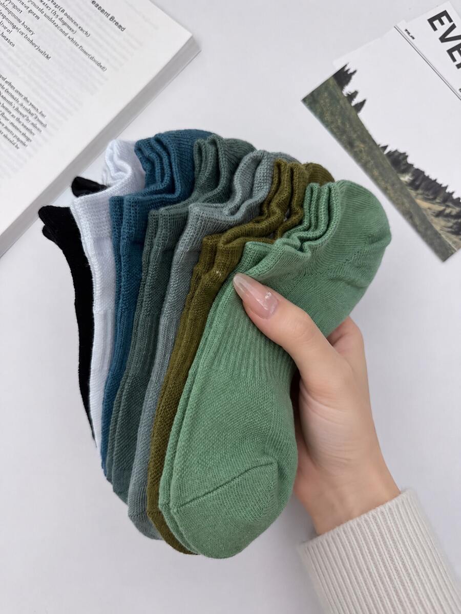 5 Pares de Meias Invisíveis Multicolores Sólidas Caneladas para Mulheres, Meias Invisíveis de Corte Baixo Respiráveis e Macias de Mistura, Adequadas para Calçados Esportivos, Uso Diário & Primavera/Verão - Multicolorido - Visão 1