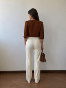3/4 Length Polyester Blouse, Contrast Knit, Sizes M To XL, Perfect For Daily Wear, Holidays, Office, Home, And Autumn. - بني مصدي - مشاهدة 3