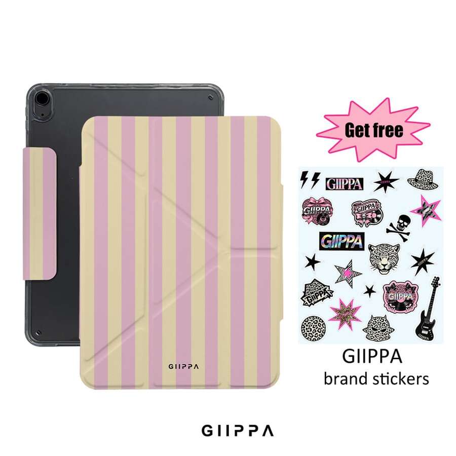 GIIPPA 1個粉色與米色垂直條紋印花磁吸式可拆卸Y型摺疊防彎曲防震平板保護殼,適用於iPad Mini 6/7、Air 2/3/4/5/11/13" (M2/M3 2024-2025)、5/6/7/8/9/10/11代、Pro 10.5/11/12.9" (2017-2025),學院風保護套,Funda A16 10代保護殼,平板電腦,辦公室 - 彩色 - 查看 1