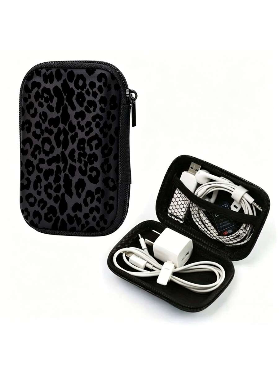 Black Leopard Print EVA Hard Shell 4.3 Inch Compact Storage Box - Travel Protective Storage Bag, Suitable For Electronic Accessories, Earphones, Hard Drives And Data Cables; Shockproof Zipper Pouch (Storage Box Only) - Multicolor - View 1