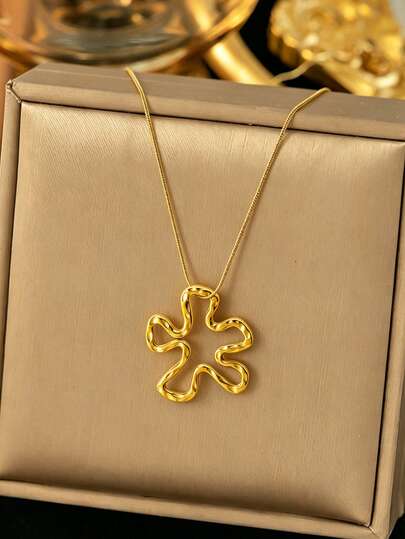 VceTd 1pc Fashion Minimalist Style Asymmetrical Hollow Flower Design Stainless Steel Women's Pendant Necklace, Suitable For Women's Daily Wear, Holiday Outings, Summer Beach Vacations, Festival Parties, Or As A Holiday Gift For Women Or Loved Ones