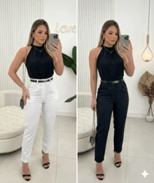 Set Of 2 Women's Tailored Trousers With Thin Belt – High Waist, Elegant, Social,  2027 - 黑與白 - 查看 1