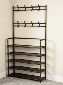 1 Piece Stainless Steel Shoe Rack, Shoe Rack With Coat Rack, Coat Rack, Storage Cabinet, Storage Shelf For Hallway, Bedroom, Bathroom, Office, Shoe Rack - Black - View 12