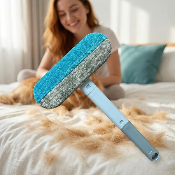 1pc Blue-Gray Double-Sided Pet Hair Remover Brush, Efficient Lint Removal PP Plastic Handle Cleaner, Minimalist Multifunctional Fur Scraping Tool With Retractable Button For Sofa Bed Clothes Carpet Dog Cat Hair Cleaning