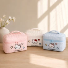 MINISO Sanrio Hello Kitty 絎縫化妝包，可愛大容量化妝收納袋附手把，便攜旅行盥洗用品收納袋，適用日常化妝收納、宿舍、梳妝台、度假、返校禮物 - 彩色 - 查看 2