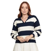 Women's Striped Modal Knit Polo Shirt With Long Sleeves - Navy Blue - View 3