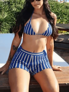 Women's 2 Pieces Bikini Set With Shorts, Fashion Summer Swimwear Beach Outfit Elegant - Blue - View 1
