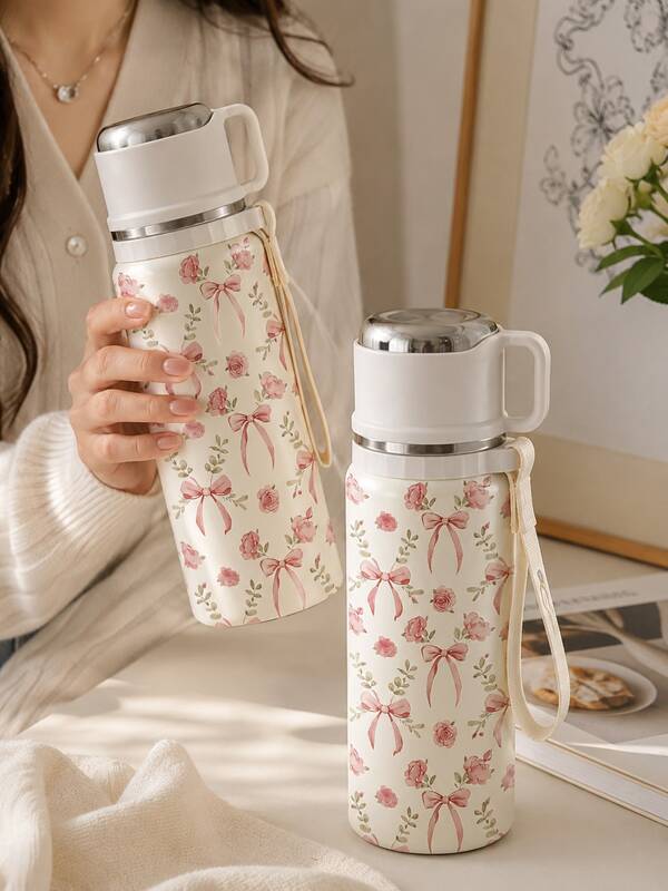 1 Stück 600ml isolierter Blumenbecher, tragbarer Vakuumbecher mit Griff und Riemen, rosa Schleife Rosen- und Kirschblüten-Stil, doppelwandig, auslaufsicher, hält heiß 12H kalt 24H, für Kaffee, Tee, täglichen Gebrauch, Büro, Reisen, Geschenk für Frauen, Feiertag